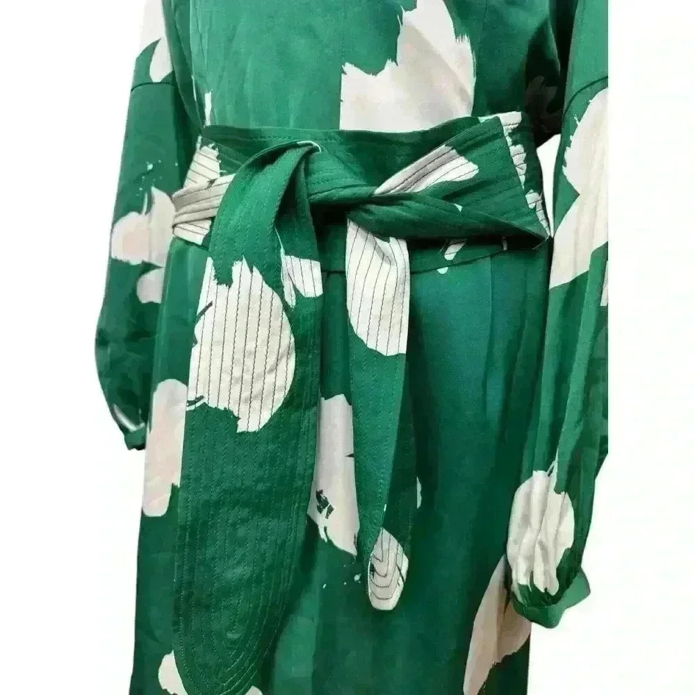 Lewit Green & White Floral Stretch Silk Long Sleeve Round Neck Belted Dress 14 - Picture 9 of 13